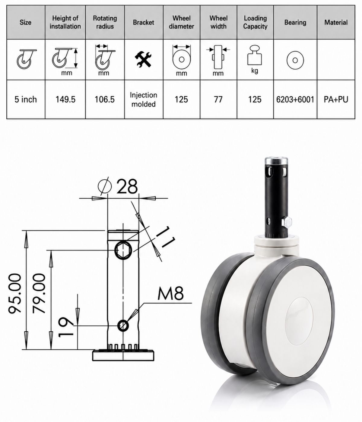 ขนาดและสเปก ล้อเซ็นทรัลล็อค 5 นิ้ว ล้อคู่แกนยาว Central Lock สำหรับเตียงผู้ป่วย รับน้ำหนัก 125 กก.