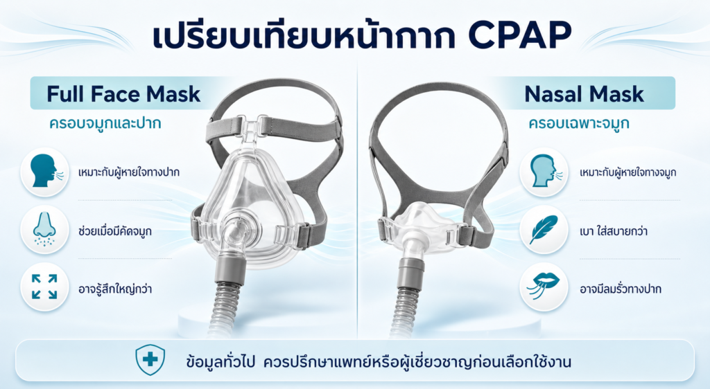 หน้ากาก CPAP มีหลายรูปแบบให้เลือกตามลักษณะการหายใจและความสบายของแต่ละบุคคล