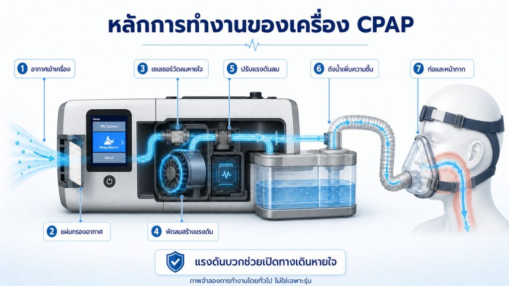 ขั้นตอนการทำงานของเครื่อง CPAP จากการกรองอากาศจนถึงการส่งลมเข้าสู่ทางเดินหายใจ