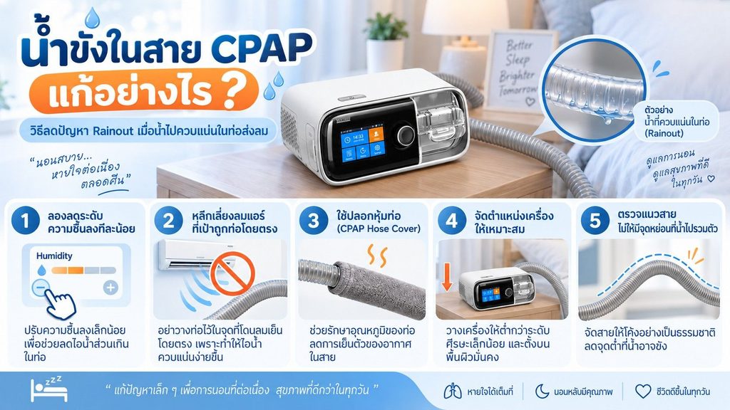 วิธีลดน้ำขังในท่อ CPAP ด้วยการปรับความชื้น หลีกเลี่ยงลมแอร์ และจัดตำแหน่งเครื่อง