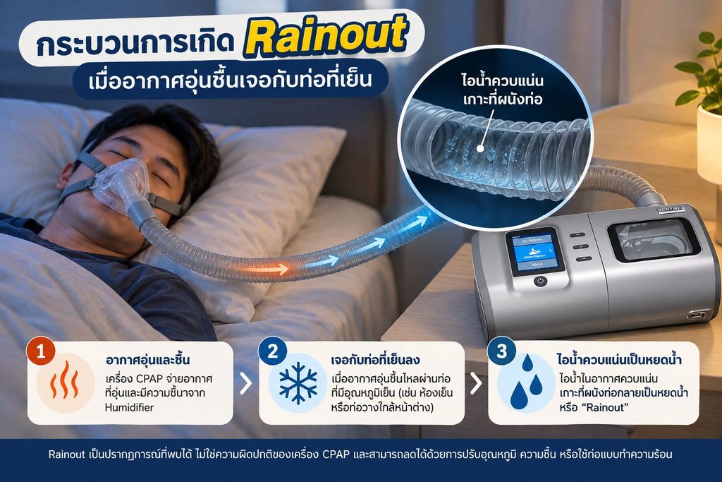 กระบวนการเกิด Rainout ในเครื่อง CPAP เมื่ออากาศอุ่นชื้นเจอกับท่อที่เย็น