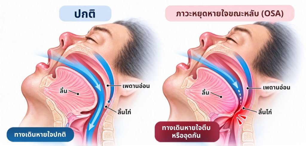 ภาพแสดงทางเดินหายใจส่วนบนตีบแคบขณะนอนหลับในผู้ป่วย OSA