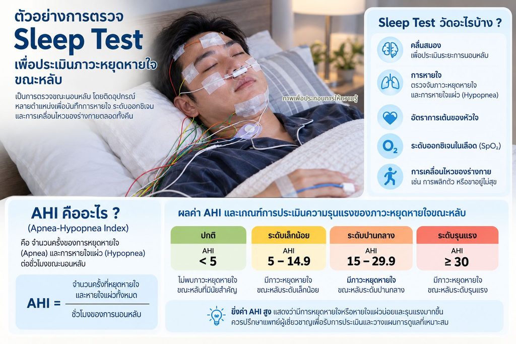 ตัวอย่างการตรวจ Sleep Test และค่า AHI สำหรับประเมินภาวะหยุดหายใจขณะหลับ
